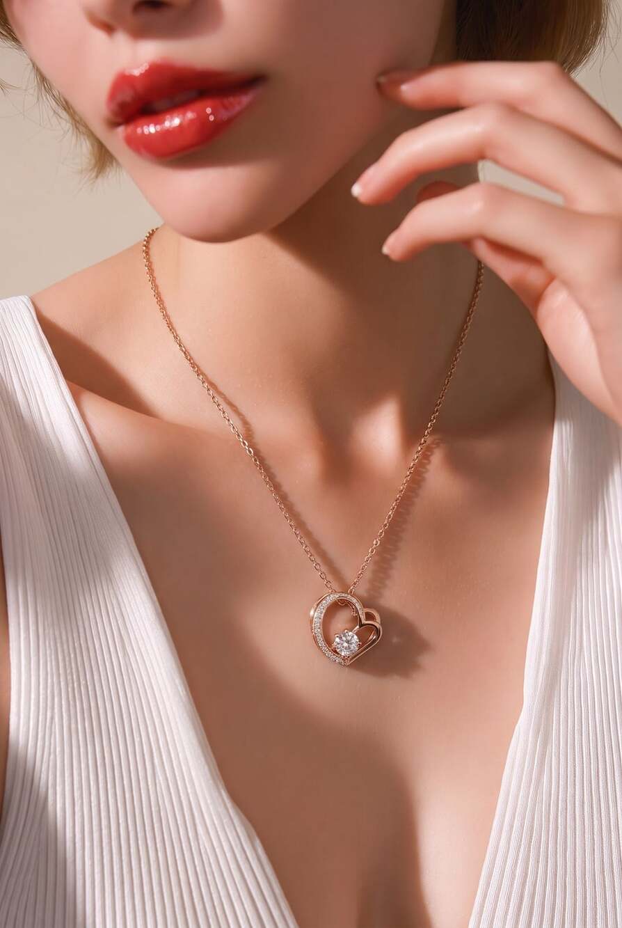 925 Rose Gold Plated Sterling Silver Dancing CZ Heart Pendant Necklace 16"